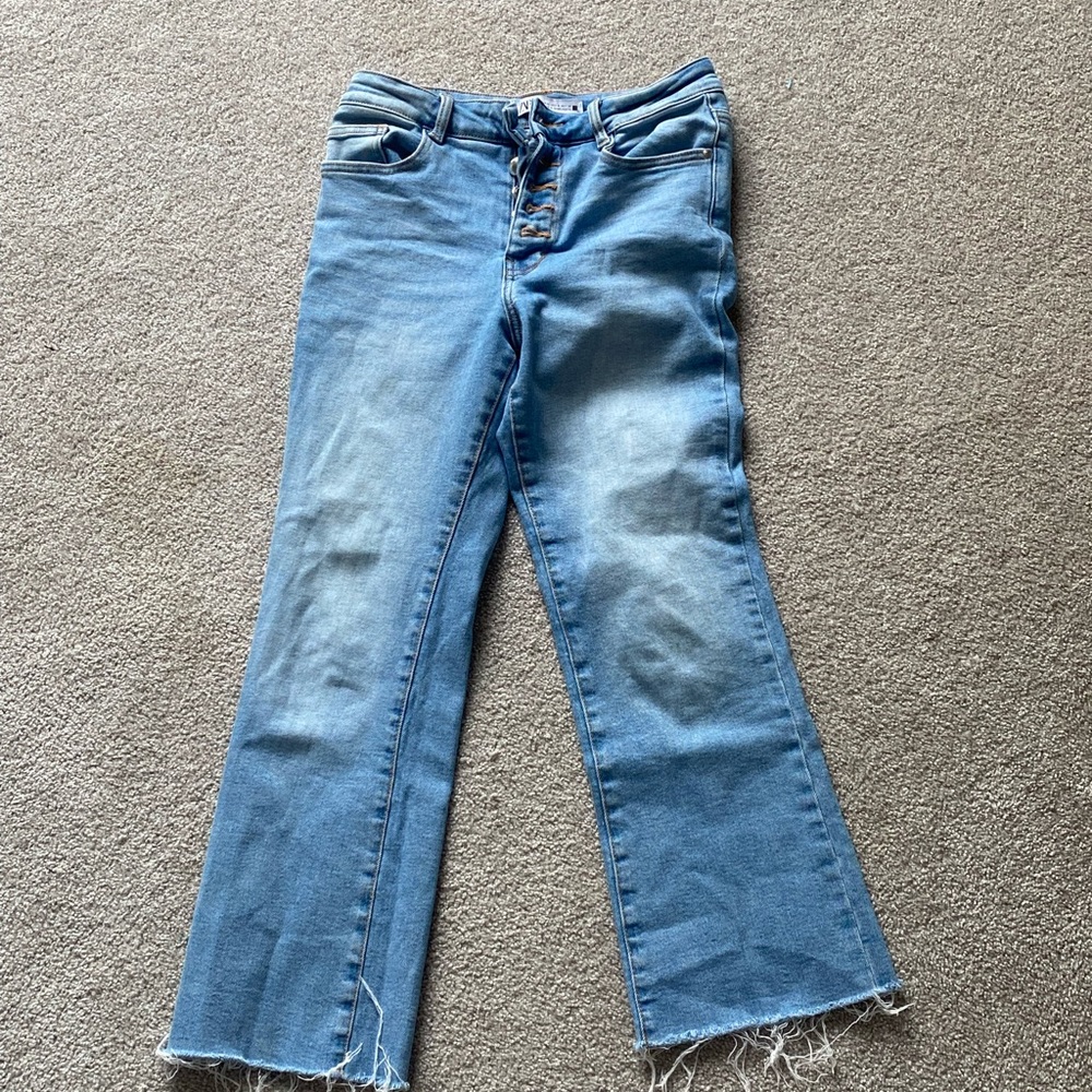 Zara High Waisted Medium Wash Flare Ankle Jeans